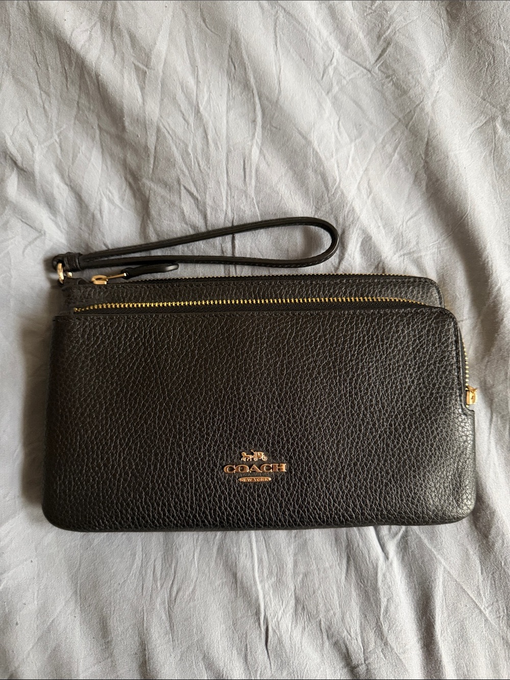 Coach Black Pebbled Leather Dual-Zip Wristlet with Gold Hardware